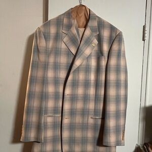 Men's Blue and Cream Plaid 3 Piece Suit